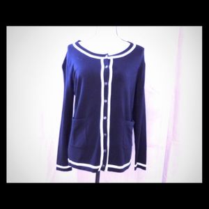 Preppy Navy Cardigan w/White Trim & Pockets - M